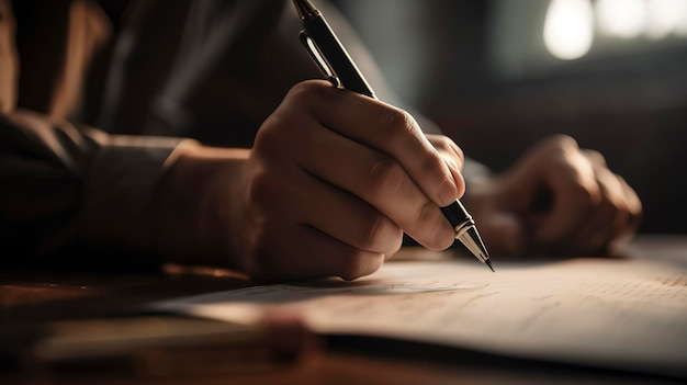 Feche a mão do Freelancer assinando documentos com caneta na mesa