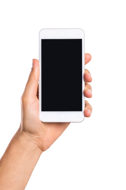 Foto feche a mão do homem segurando o smartphone isolado no branco