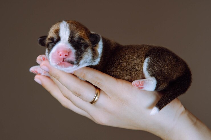 Feche a mão humana irreconhecível com o anel carregando cuidadosamente mostrando um pequeno filhote de cachorro Welsh corgi Criação de cães