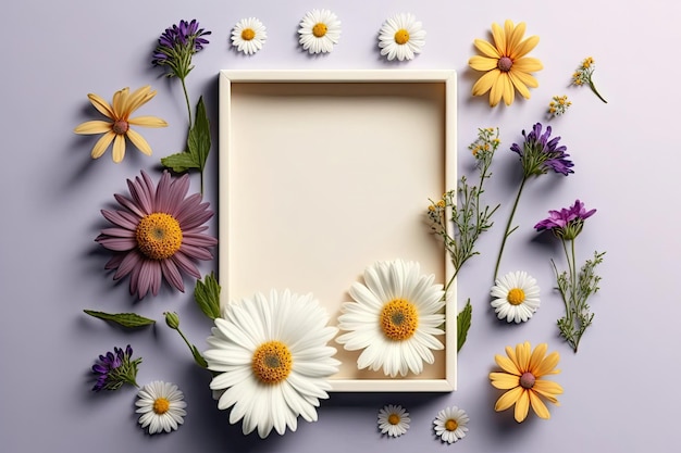 Feche a moldura em branco com fundo elegante da temporada de flores de primavera com IA generativa