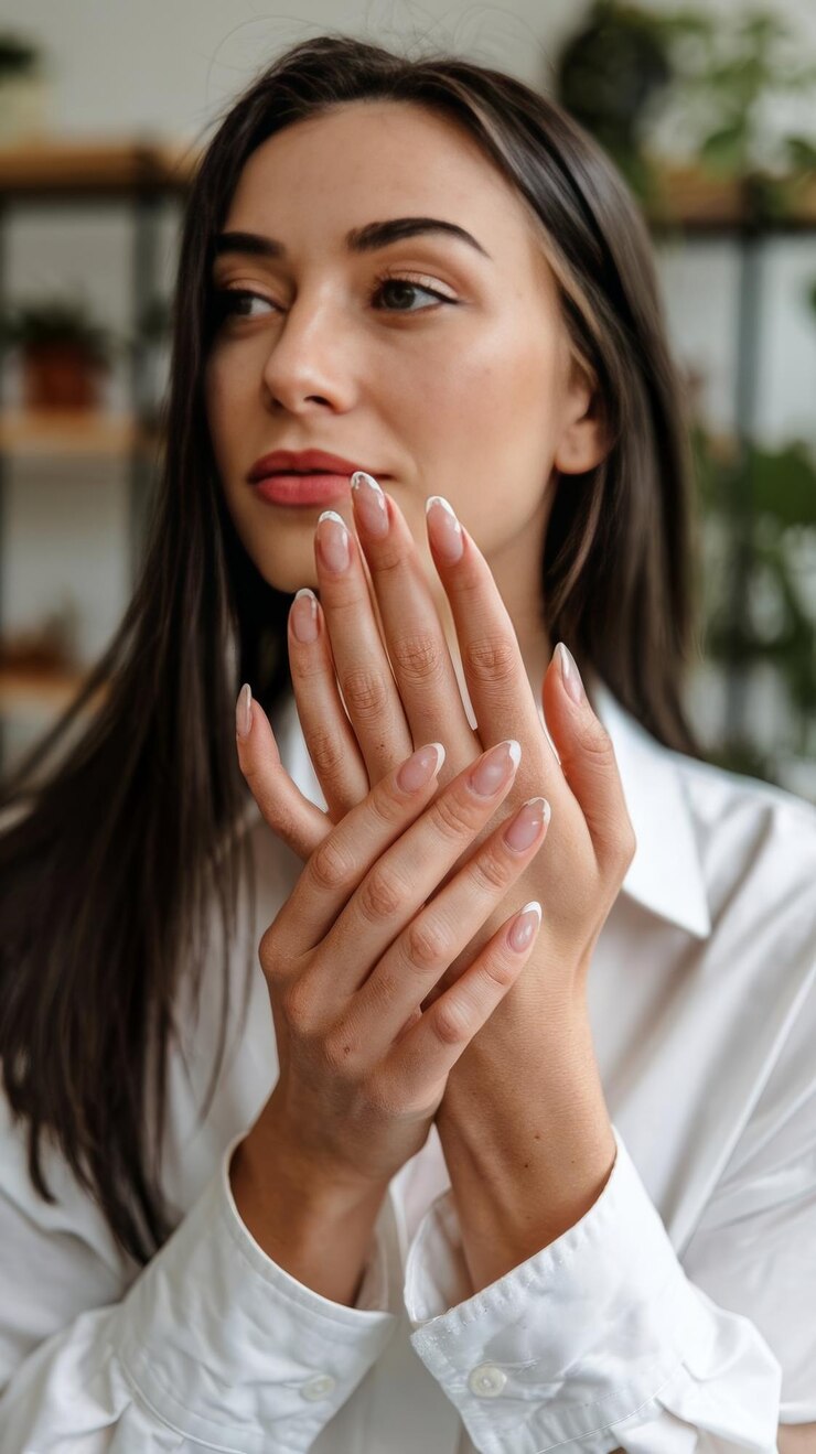 Foto feche a mulher delicada com manicure francesa
