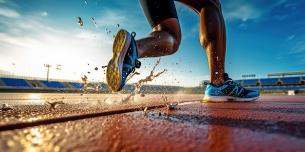 Foto feche a perna do corredor do atleta correndo na pista correndo para uma vida saudável ia generativa