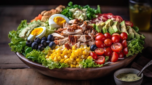 Feche a salada Cobb cheia de pedaços de vegetais ovos cozidos e carne em fundo desfocado