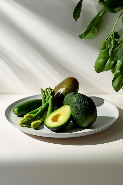 Foto feche a salada gerada por ai com verduras e camarões no fundo desfocado escuro da placa preta