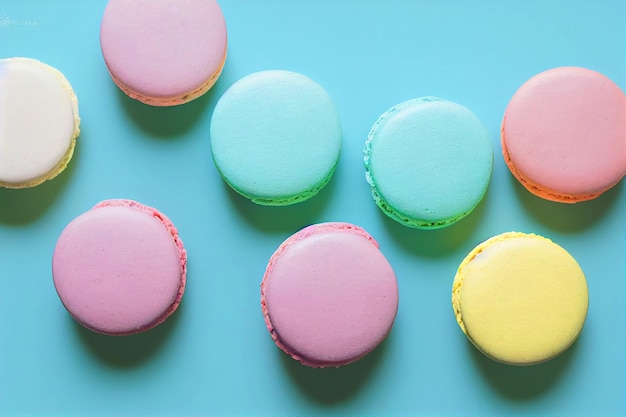 Feche a sobremesa de macarons coloridos com fundo pastel.