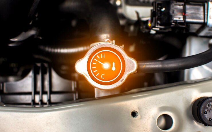 Foto feche a tampa do radiador do carro com medidor de temperatura e mostra o superaquecimento do radiador no compartimento do motor conceito de serviço de manutenção do carro