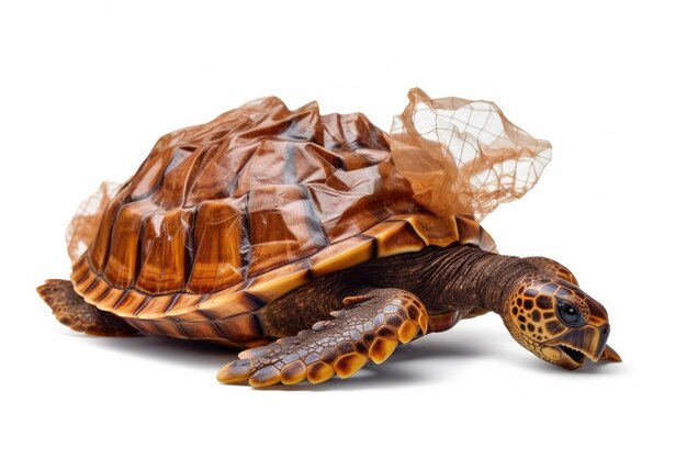 Feche a tartaruga marinha com saco plástico isolado no fundo branco Vida marinha Generative Ai