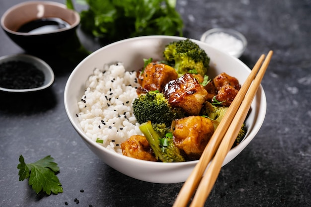 Feche a tigela de tofu com arroz e brócolis em fundo preto Cozinha asiática em casa Comida vegana saudável