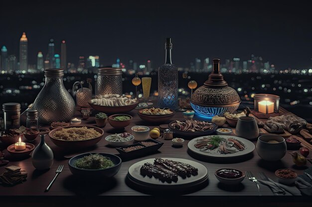 Feche a variedade de mesa com comida árabe durante a refeição iftar no ramadã AI gerado