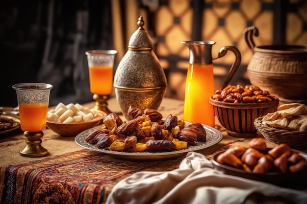 Feche a variedade de mesa com comida árabe durante a refeição iftar no ramadã AI gerado