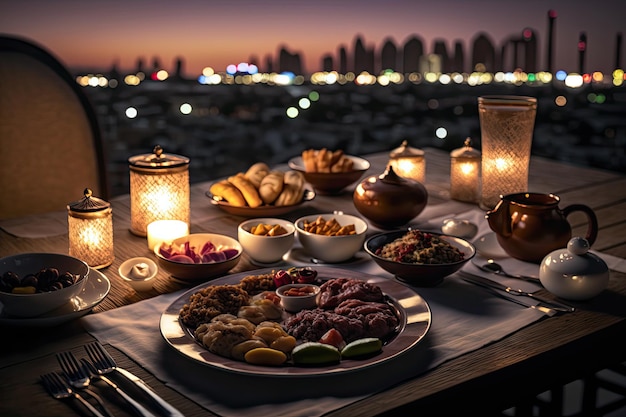 Feche a variedade de mesa com comida árabe durante a refeição iftar no ramadã AI gerado