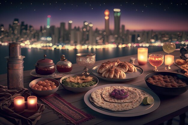 Feche a variedade de mesa com comida árabe durante a refeição iftar no ramadã ai gerado