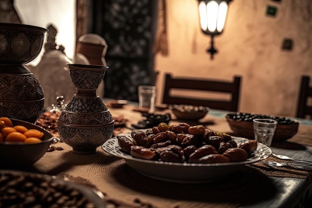 Feche a variedade de mesa com comida árabe durante a refeição iftar no ramadã ai gerado