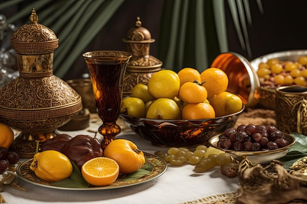 Feche a variedade de mesa com comida árabe durante a refeição iftar no ramadã AI gerado