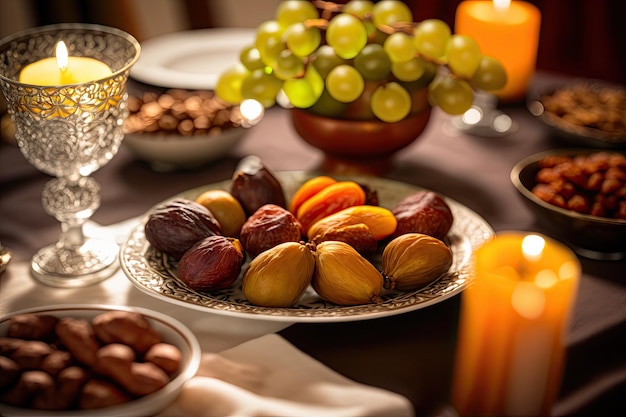 Feche a variedade de mesa com comida árabe durante a refeição iftar no ramadã AI gerado