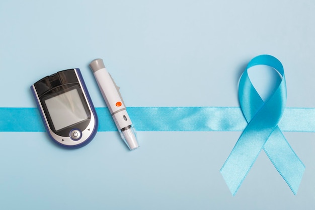 Feche a vista superior do conceito para o dia mundial da diabetes, 14 de novembro. fita azul com gotas de sangue e um glicosímetro em um fundo azul. copie o espaço