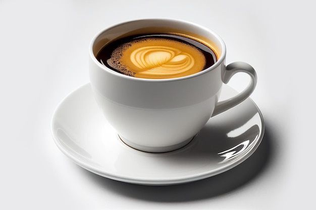 Feche a xícara branca de café preto isolada no fundo branco com traçado de recorte. Xícara de café com leite