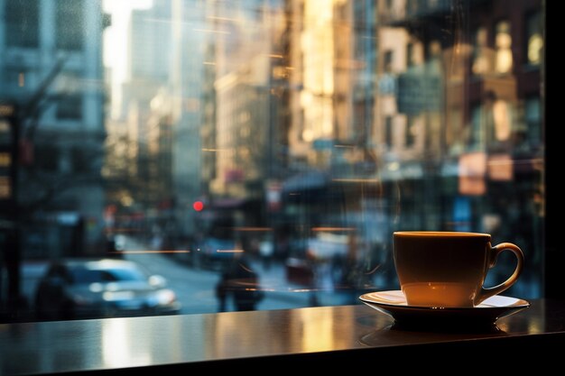 Feche a xícara de café branco e o fluxo de fumaça suave colocado na borda do terraço do céu com a cidade matinal turva