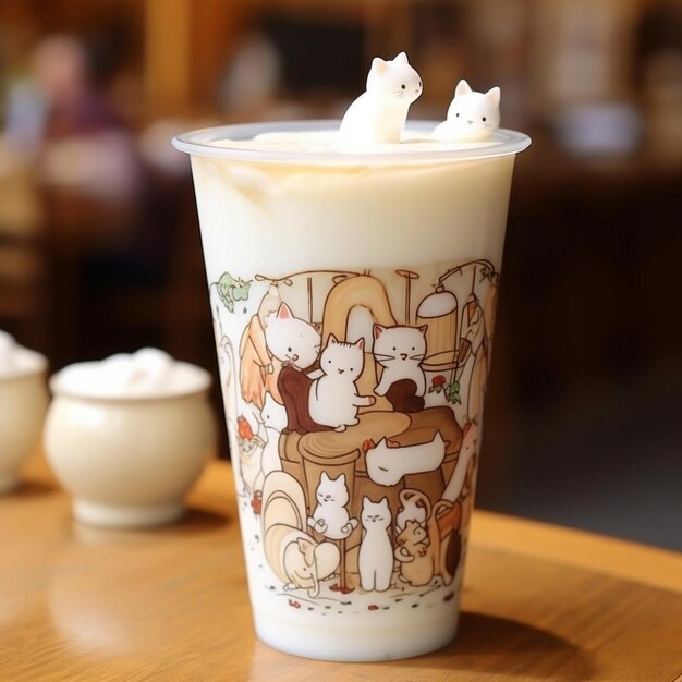 Feche a xícara de café com arte de gato latte em forma de um design de creme bonito