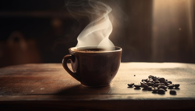 Foto feche a xícara de café fumegante na mesa de madeira gerada pela ia