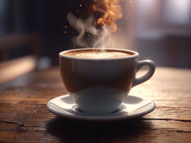 Feche a xícara de café na mesa de madeira, vapor subindo ai generativa