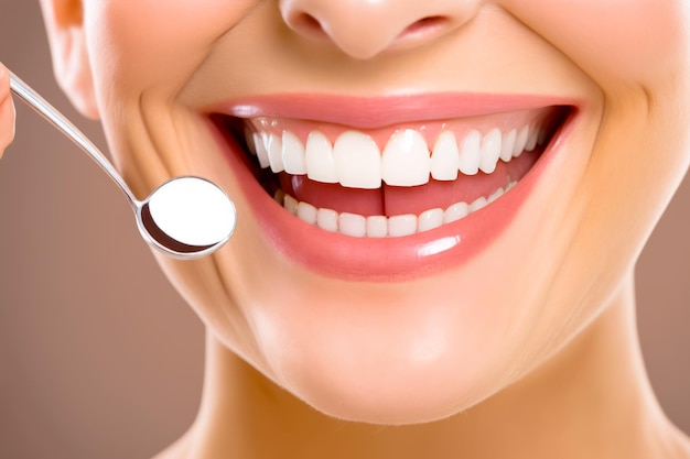 Feche acima da mulher de sorriso com escova de dentes em sua boca Generative AI