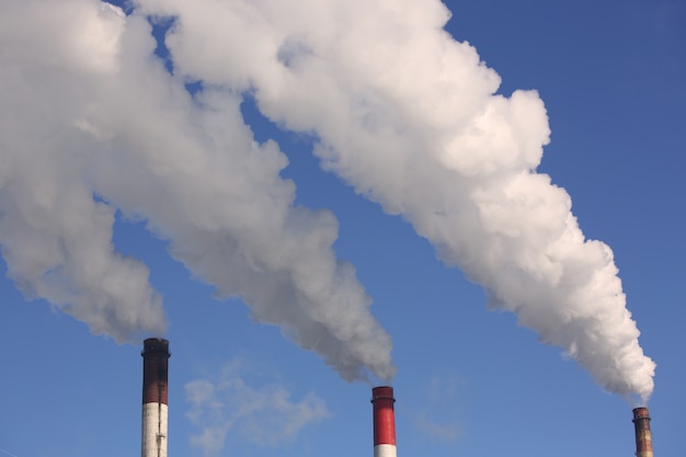 Foto feche acima da tubulação da planta com fumo contra o céu azul