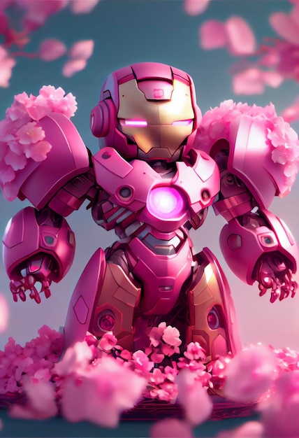 Feche acima de um robô em um campo de flores generative ai