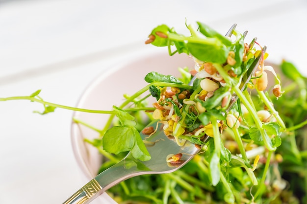 Feche acima de uma salada feita de brotos de ervilhas microgreen e feijão brotado. comida saudável vegana
