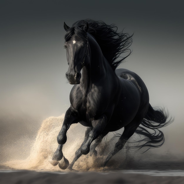 Feche acima do cavalo preto selvagem que corre na areia criado usando a tecnologia ai generativa