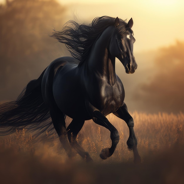 Feche acima do cavalo preto selvagem que corre no campo criado usando a tecnologia ai generativa