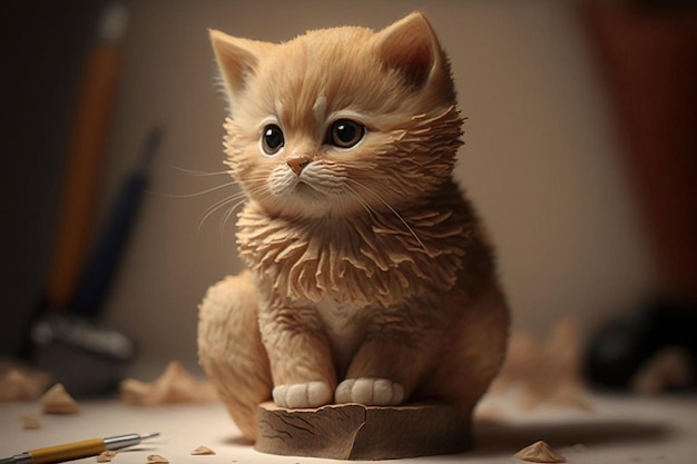 Feche acima do pequeno gatinho sentado no topo do bloco de madeira generativo ai