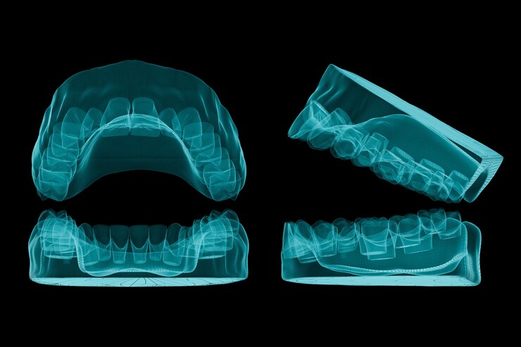 Feche acima dos cuidados médicos dos dentes dos implantes de processo. Foco seletivo. 3D rendem.