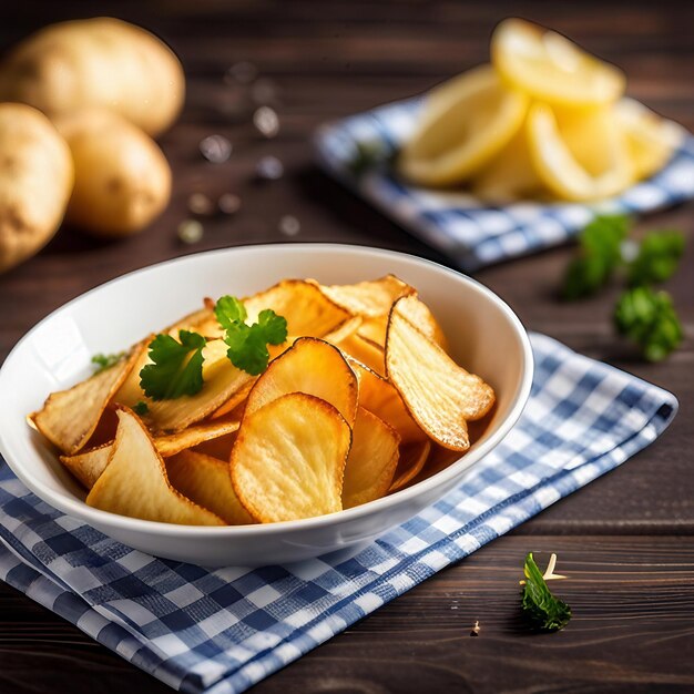 Feche as batatas fritas em um prato criado com IA generativa