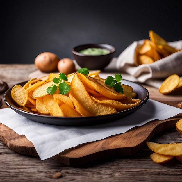 Feche as batatas fritas em um prato criado com IA generativa