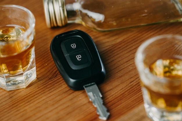 Feche as chaves de um carro e rum de álcool muito forte na mesa não beba e dirija o conceito drivi