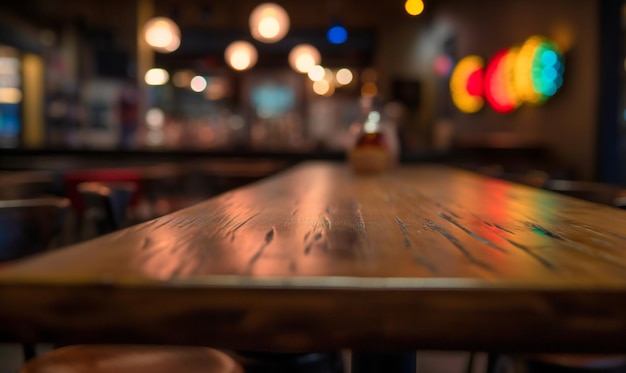 Feche as fotos de uma mesa de bar de madeira com luzes acesas