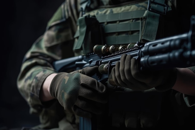 Feche as mãos dos soldados segurando um rifle de assalto em fundo escuro Closeup de munição militar moderna com um soldado AI gerado