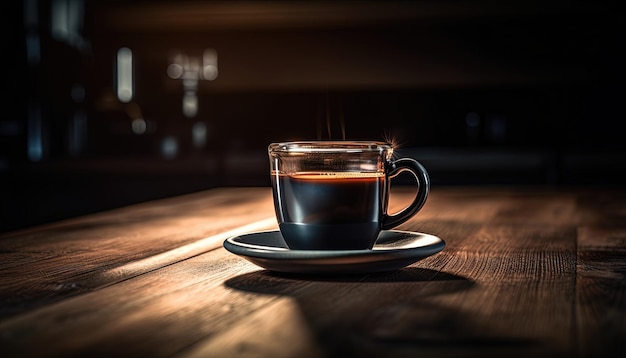 Feche com uma xícara de café em cima da mesa de bar de madeira com luz suave e desfoque o fundo