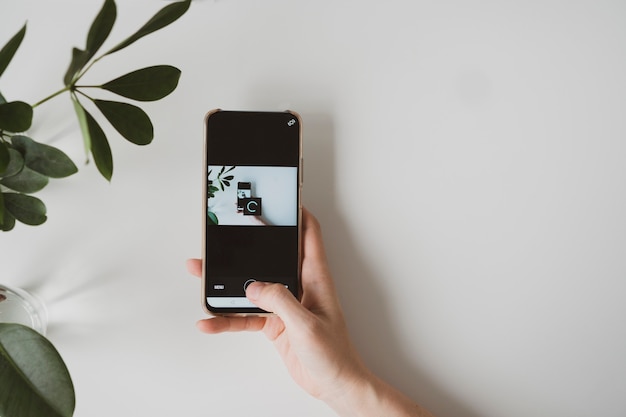 Feche de mãos femininas com smartphone