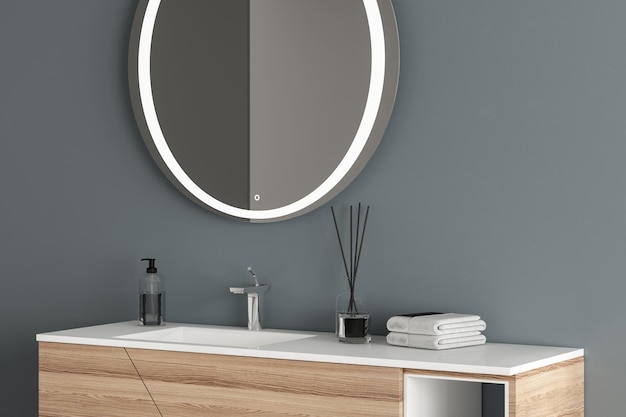 Feche de pia branca com espelho oval pendurado no armário moderno de parede azul. renderização em 3D