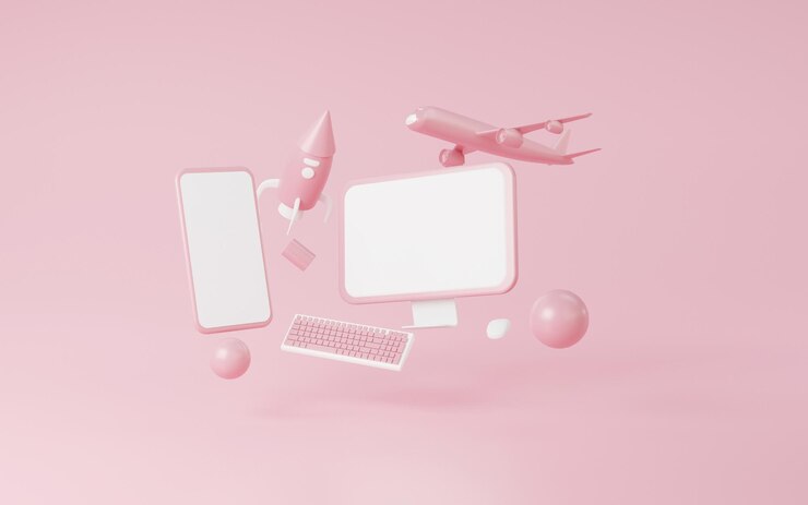 Foto feche flutuando um conceito de viagem de educação on-line de smartphone com tela sensível ao toque em branco ou branco para publicidade, ilustração 3d de fundo rosa de foguete de avião