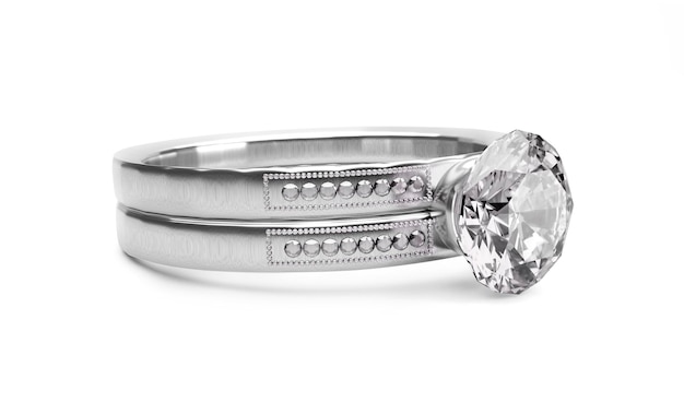 Feche o anel de diamante elegante em renderização 3D de fundo branco