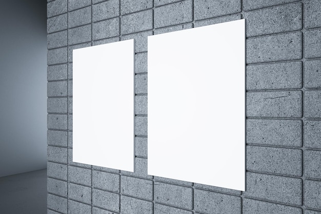 Feche o banner subterrâneo branco vazio na parede de ladrilhos de concreto no fundo do corredor Renderização em 3D