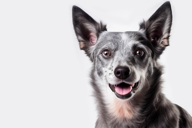 Feche o cão cinza engraçado bonito retrato sorrindo sobre fundo branco isolado. Uma linda foto de cachorro