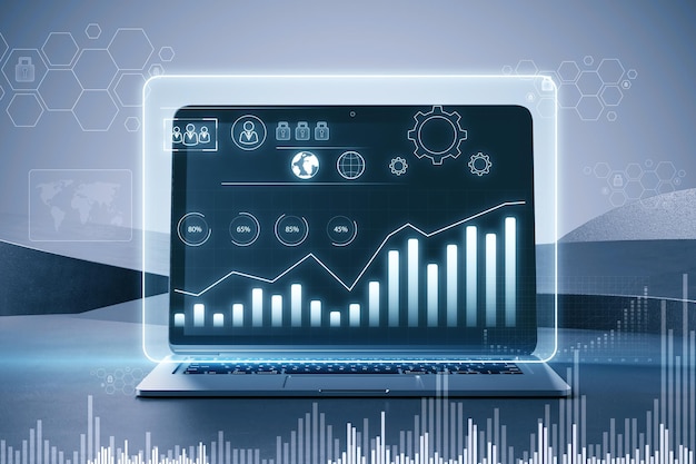 Feche o computador portátil no local de trabalho do escritório com holograma de gráfico de negócios brilhante em fundo desfocado futuro de crescimento financeiro e conceito de sucesso Renderização em 3D