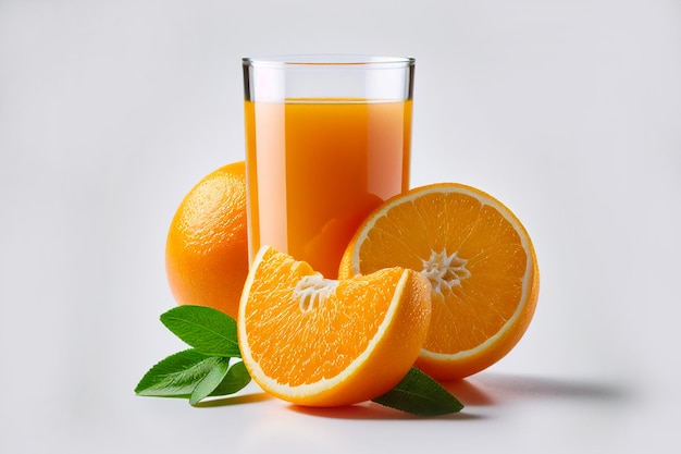 Feche o copo de suco de laranja 100 com deliciosas laranjas e fatias de frutas no fundo branco