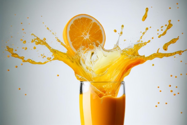 Feche o copo de suco de laranja 100 com deliciosas laranjas e fatias de frutas no fundo branco