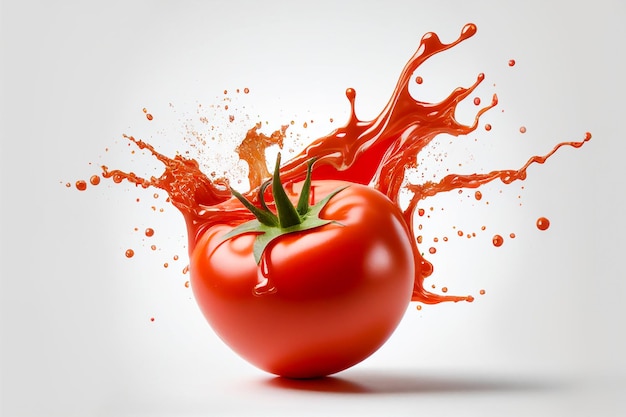 Feche o delicioso tomate fresco vermelho com salpicos de suco de tomate na fotografia de comida de fundo branco