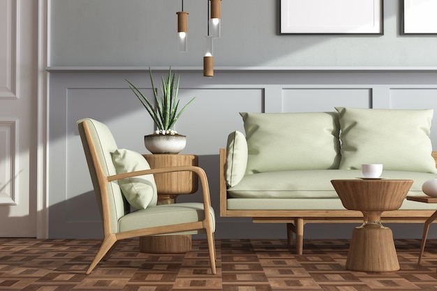 Feche o design de interiores da acolhedora sala de estar com sofá elegante, mesa de café, cacto, tapete.